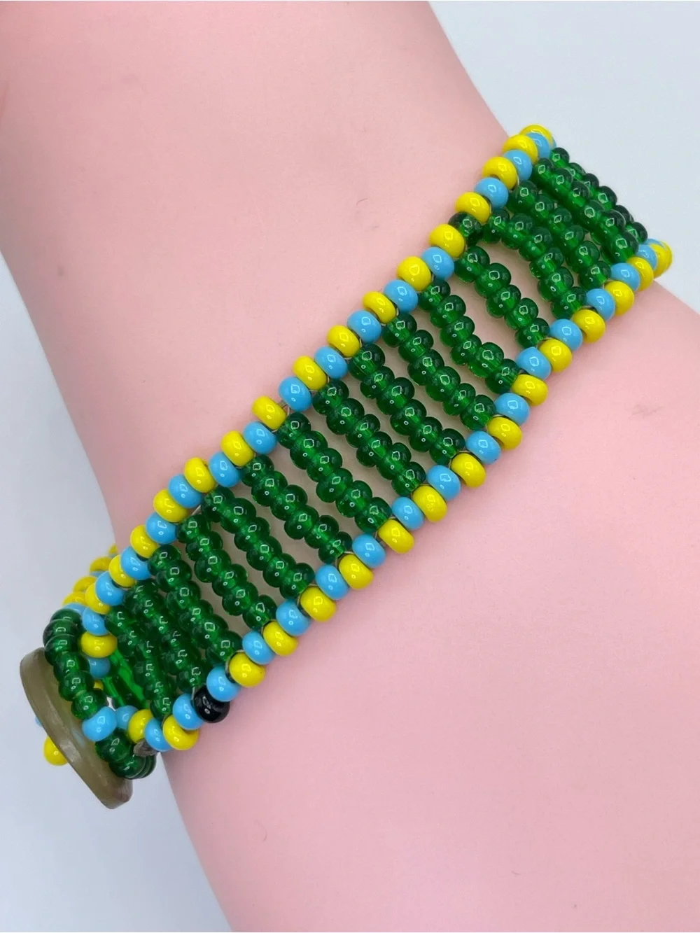 Handmade Green Blue Yellow Seed Bead Mother of Pearl Wide Bracelet Boho